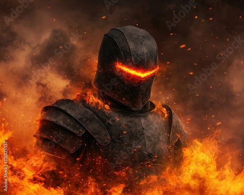 Fiery Armored Knight Surrounded by Flames and Smoke