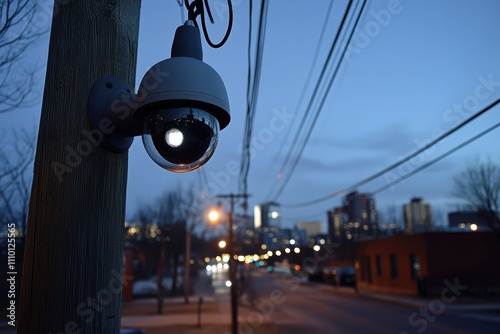 Surveillance Camera on a Utility Pole Overlooking a Quiet City Street at Dusk with Soft Urban Lighting and a Blue Evening Sky photo