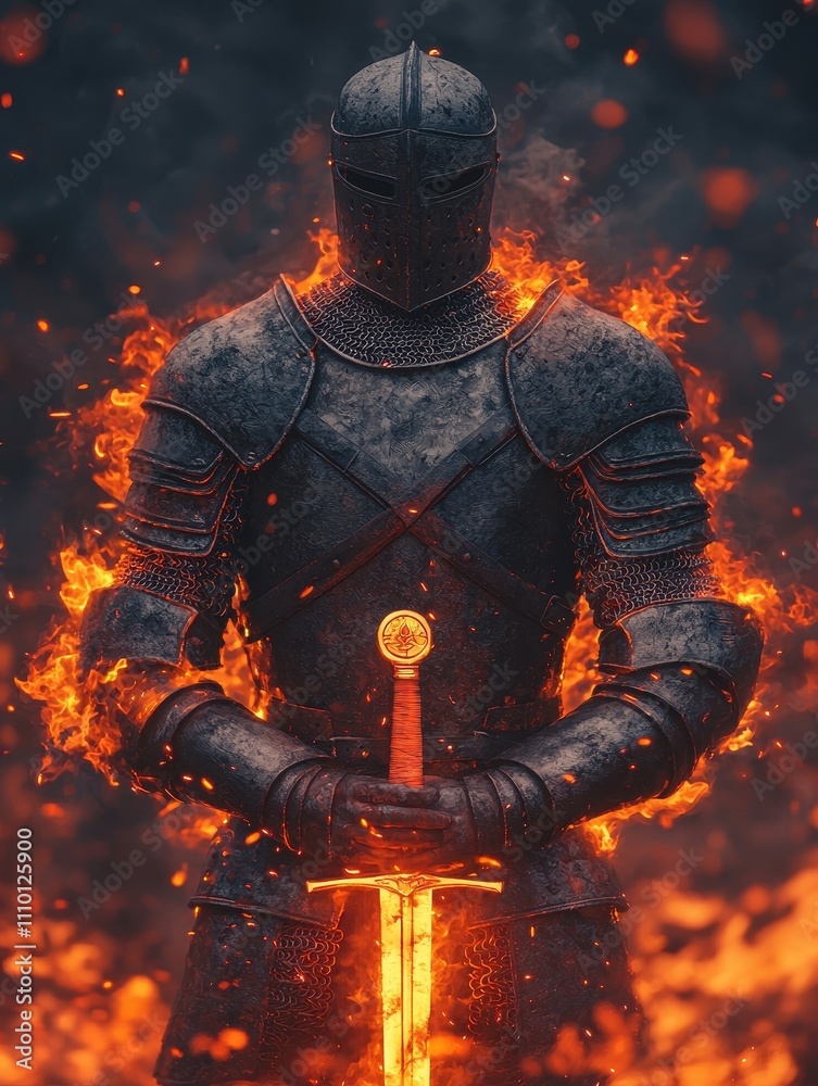 Fiery Knight in Armor Standing Proudly with Sword Amidst Flames Fiery Knight in Armor Standing Proudly with Sword Amidst Flames