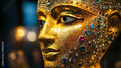 Golden mask adorned with gemstones showcases ancient craftsmanship and rich history from a bygone era photo