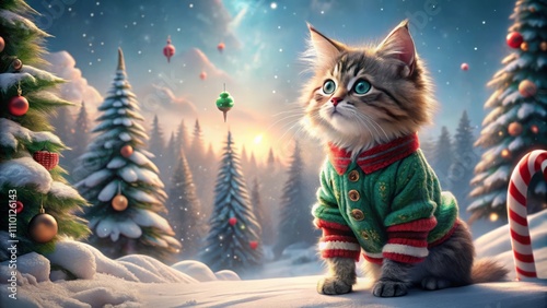 Adorable kittien in a festive clotes sitting on a snow winter background with Christmas decoration tree photo