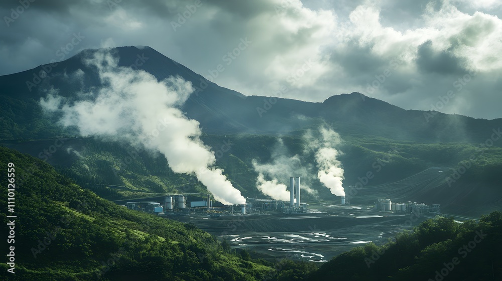 Geothermal power plant surrounded by mountains with steam rising into the sky Geothermal power plant surrounded by mountains with steam rising into the sky