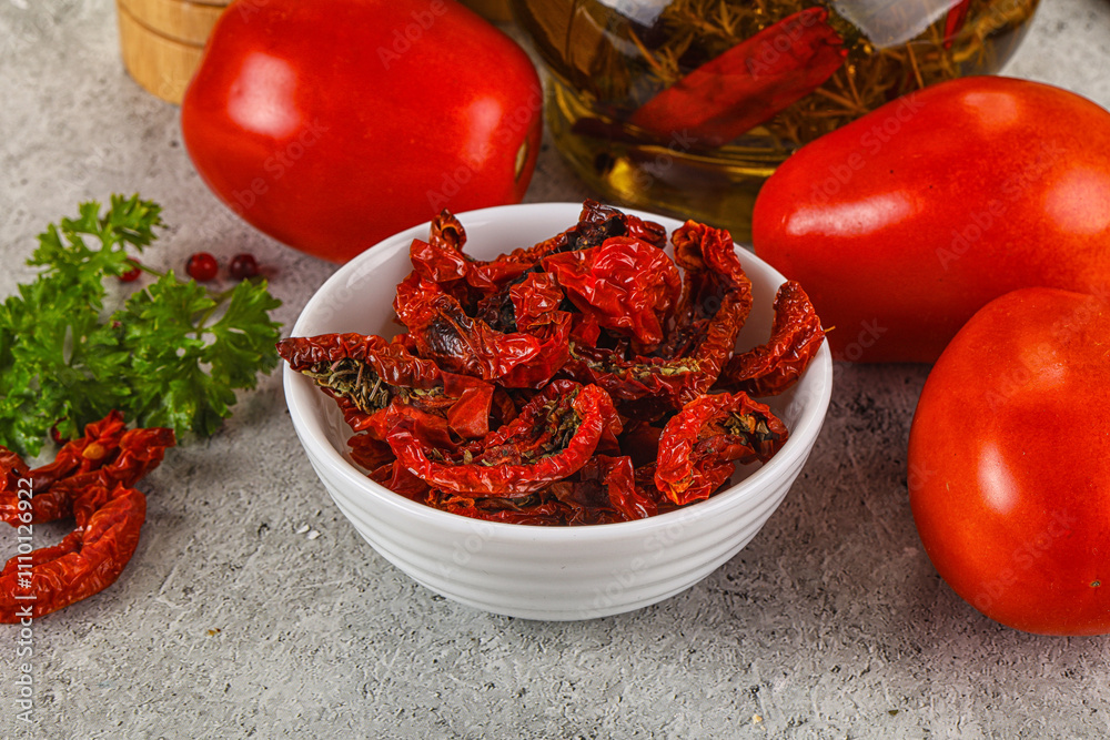 Sundried red tomatoes in the bowl Sundried red tomatoes in the bowl