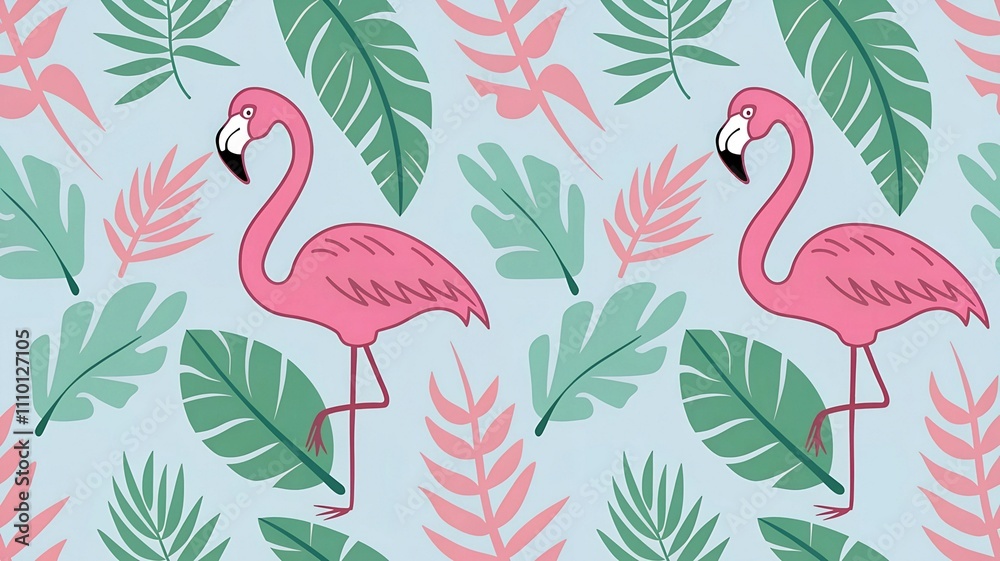 Fototapeta premium Flamingo seamless pattern on a background of tropical leaves. Popular background