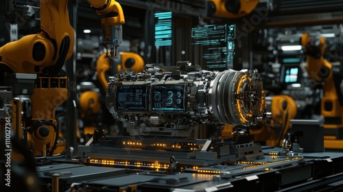 Futuristic robotic assembly line manufacturing a complex engine with digital displays.