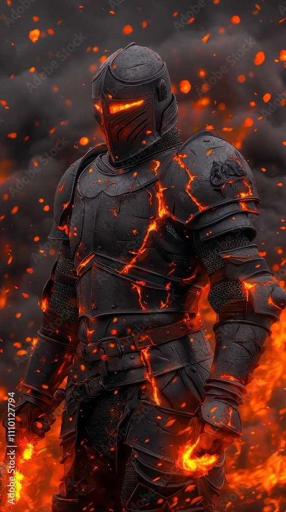 Dark Knight in Fiery Armor Against a Blazing Background Dark Knight in Fiery Armor Against a Blazing Background