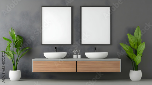 Blank poster in a modern bathroom with a gray concrete wall and wooden furniture elements. Bright natural lighting. Concept of interior design. 3D rendering