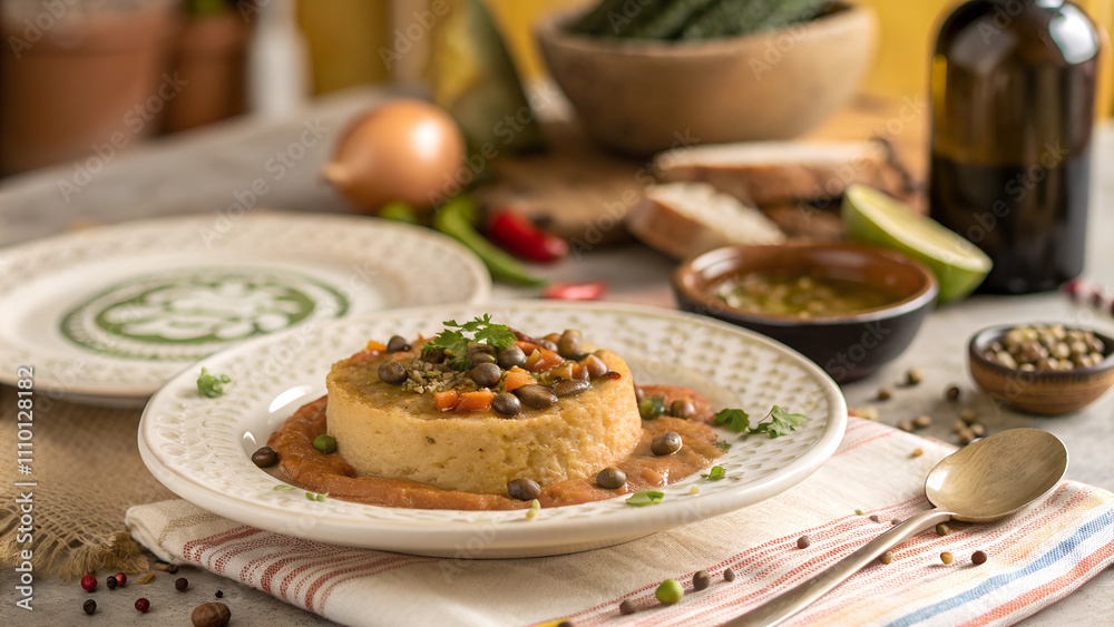 Traditional Açorda served on a plate with vegetable sauce and fresh herbs Traditional Açorda served on a plate with vegetable sauce and fresh herbs