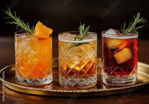 A Collection of Colorful Cocktails with Fresh Garnishes Served on a Golden Tray, Perfect for Celebrations and Elegant Gatherings, Showcasing Mixology at Its Finest