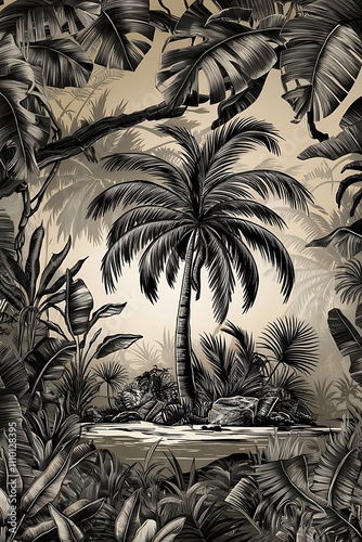 Vector Exotic tropical hawaiian summer. Palm beach tree leaves jungle botanical. Black and white engraved ink art. Seamless background pattern. Fabric wallpaper print texture.