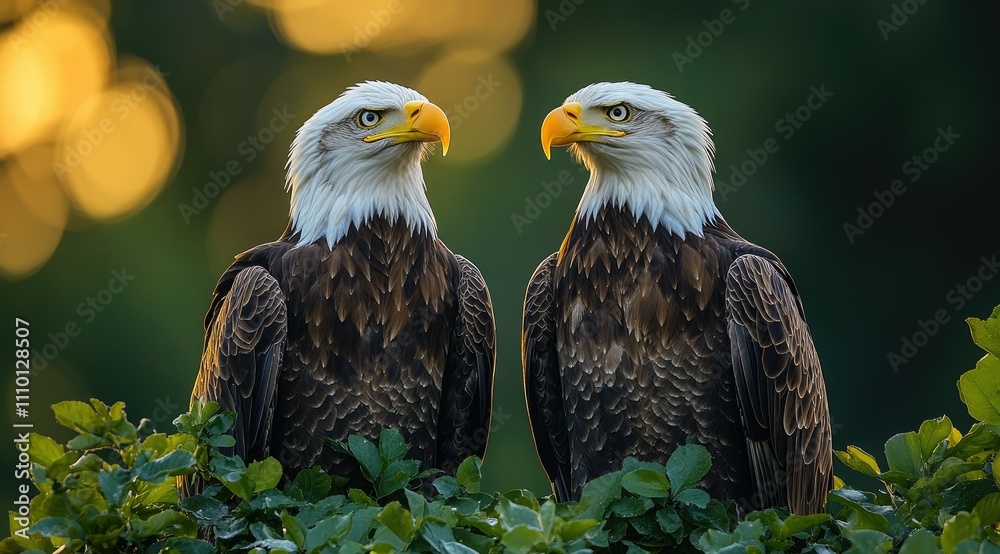 Obraz premium Two majestic eagles perched on lush greenery, gazing into the distance during sunset.