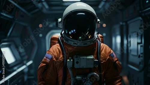 An astronaut stands in a space station wearing an orange suit with a white helmet. The surrounding environment is dark, industrial, and metallic