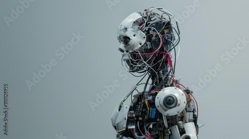 Creepy robot with exposed wires and circuitry, copy space