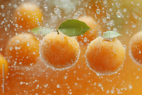 Floating juicy oranges water droplets whole peeled color suspended in air fresh citrus fruit refreshing summer vibe photography realistic details food styling advertising campaign packaging organic photo