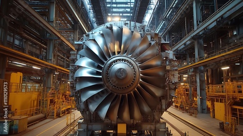 Close-up of a powerful turbofan engine in a large industrial facility.