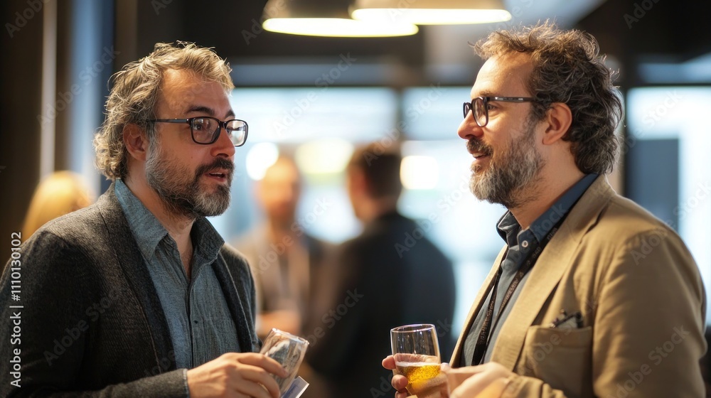 Men talking at a networking event, exchanging ideas and making professional connections Men talking at a networking event, exchanging ideas and making professional connections