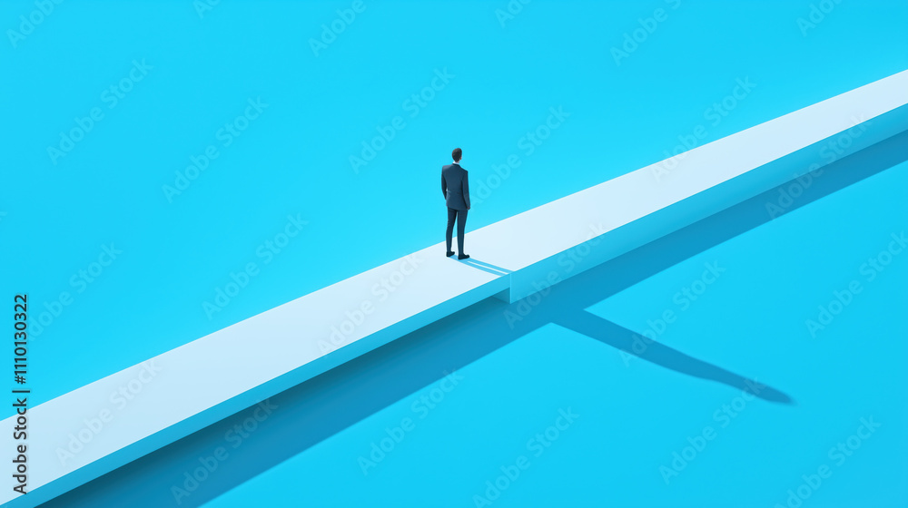person standing on narrow path in blue environment, contemplating person standing on narrow path in blue environment, contemplating
