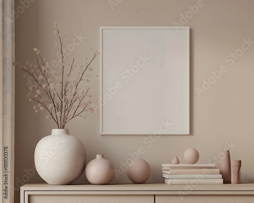 Beige tabletop with white-framed blank canvas and ceramic decor.