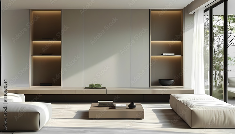 Fototapeta premium Modern minimalist living room design urban apartment interior decoration bright and airy environment contemporary viewpoint stylish comfort and functionality