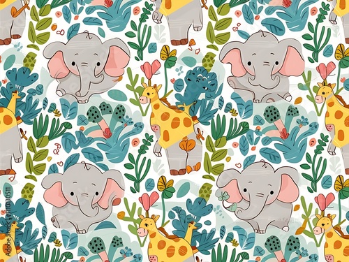 Vector seamless cute animals  pattern with elephants, giraffes and flora.