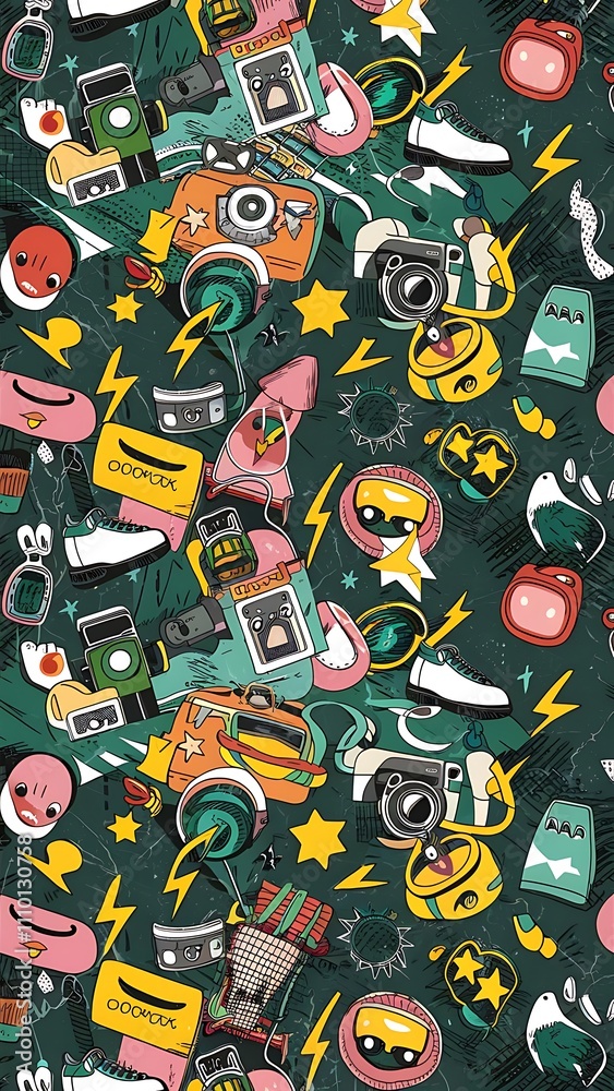 Cute grunge abstract pattern. Seamless pattern with shoes, photo cameras, glasses, stars, thunders and birds. Fun pattern for children or teenagers. Cute grunge abstract pattern. Seamless pattern with shoes, photo cameras, glasses, stars, thunders and birds. Fun pattern for children or teenagers.