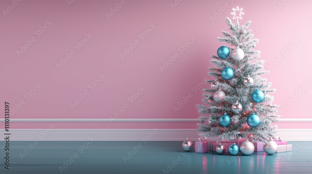 Festive Christmas Tree Decorated with Blue and Pink Ornaments in a Stylish Interior Setting Festive Christmas Tree Decorated with Blue and Pink Ornaments in a Stylish Interior Setting