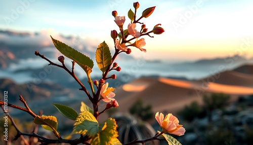 Sunrise Blossom Mountaintop Pink Flowers Scenic View. Soft light illuminates petals. photo