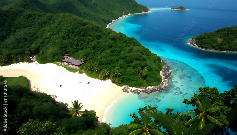 Fototapeta premium Secluded Tropical Beach Paradise Island Getaway Lush Greenery Azure Waters. Palm trees line the shore.