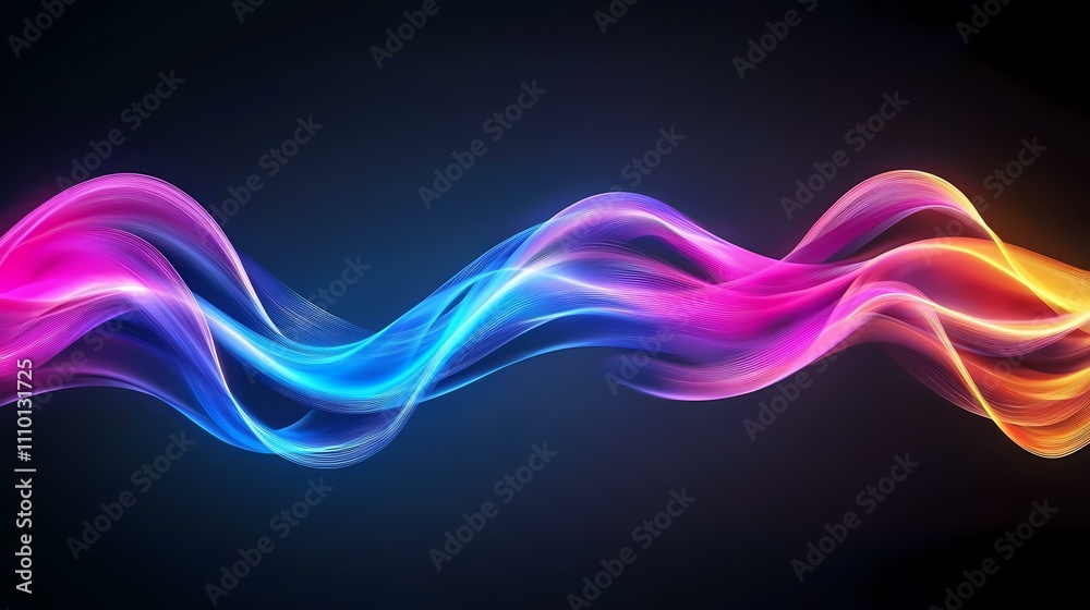 The image contains a vibrant, abstract wave of light, flowing across a dark background.  The wave transitions smoothly through a spectrum of colors, ranging from cool blues and purples to warm pinks