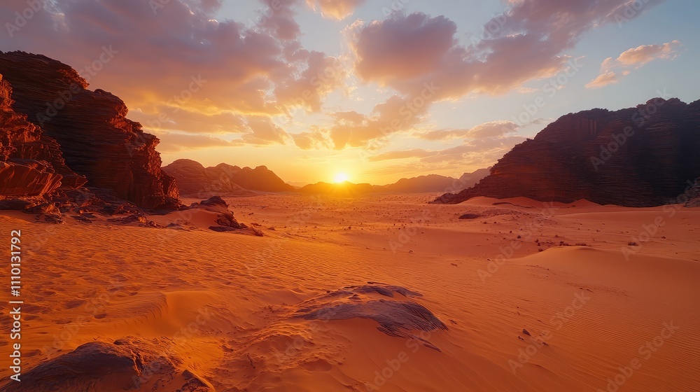 Naklejka premium There is a desert where only sand is visible all around and the sky is blue and light cloudy, the view is very beautiful. desert background.