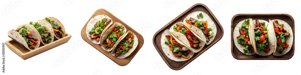 Fajitas placed on a wooden tray, isolated on a white background. Collection PNG. Fajitas placed on a wooden tray, isolated on a white background. Collection PNG.