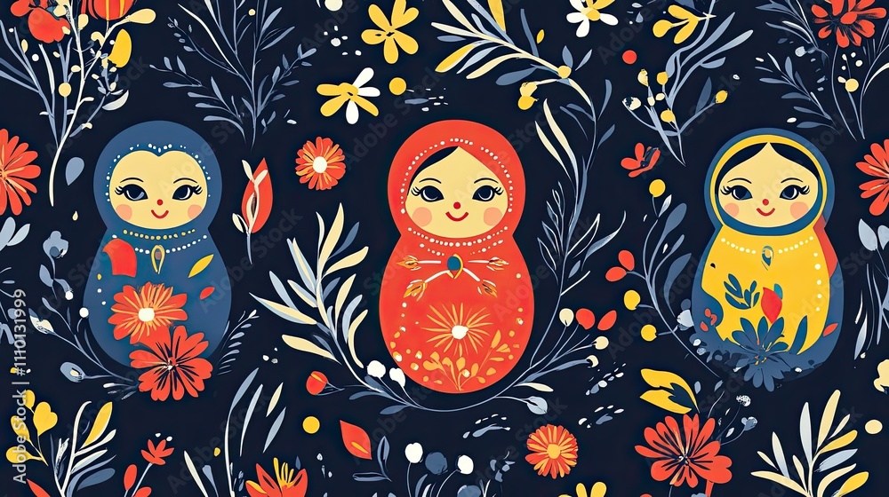 Obraz premium Colorful Matryoshka Dolls Amidst Vibrant Floral Designs