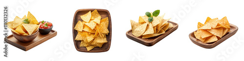 Nachos placed on a wooden tray, isolated on a white background. Collection PNG.