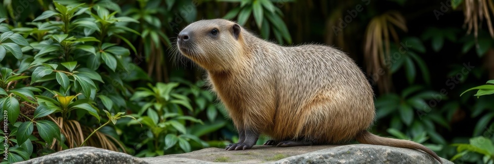 A solitary capybara perched on a moss-covered rock, surrounded by dense jungle foliage, gazing to the right, wildlife, mammal, capybara A solitary capybara perched on a moss-covered rock, surrounded by dense jungle foliage, gazing to the right, wildlife, mammal, capybara