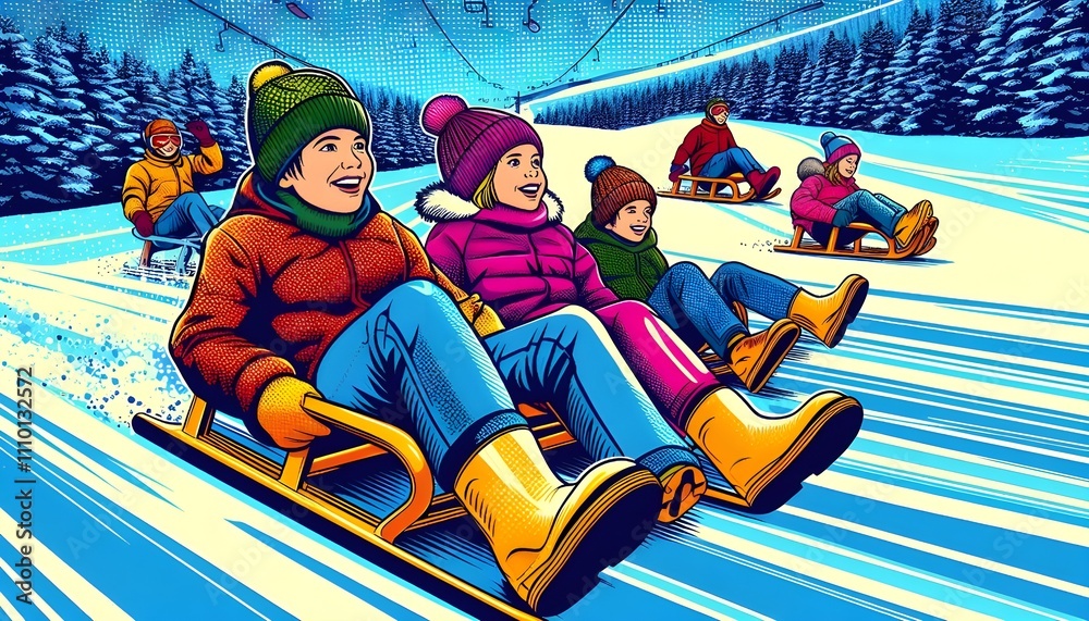 Obraz premium Kids sledding in vibrant pop art style, capturing joy and winter fun at a ski resort.