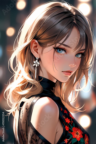 Elegant Anime Portrait with a Touch of Floral Beauty photo