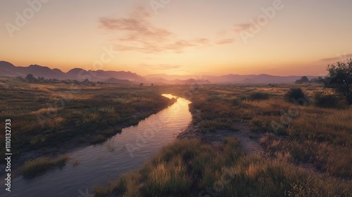 Sunset over serene river and lush fields. photo