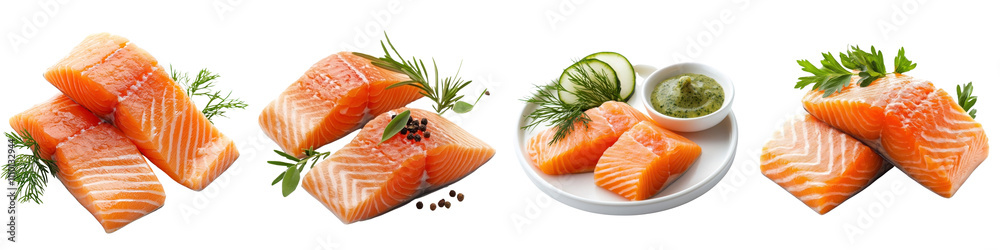 Salmon fillets with spreading sauce, isolated on a white background. Collection PNG. Salmon fillets with spreading sauce, isolated on a white background. Collection PNG.
