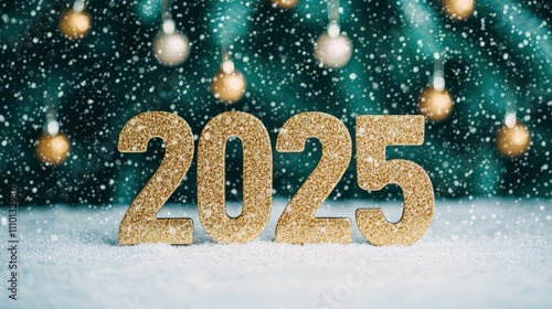 Glittering New Year Celebration 2025 with Snow and Festive Decorations in Background for Holiday Cheer