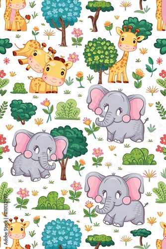 Vector seamless cute animals  pattern with elephants, giraffes and flora.