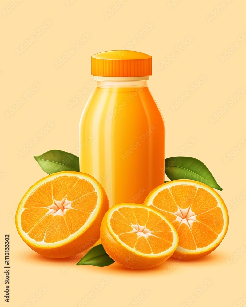 A bottle of orange juice with fresh oranges and leaves, emphasizing freshness and flavor.