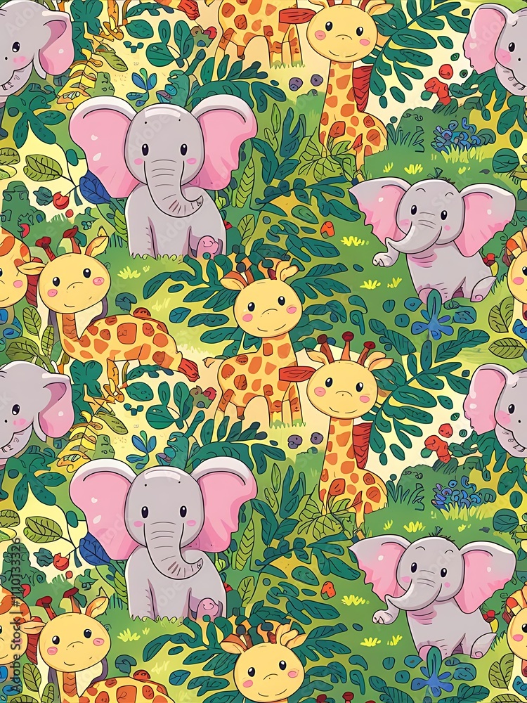 Naklejka premium Vector seamless cute animals pattern with elephants, giraffes and flora.