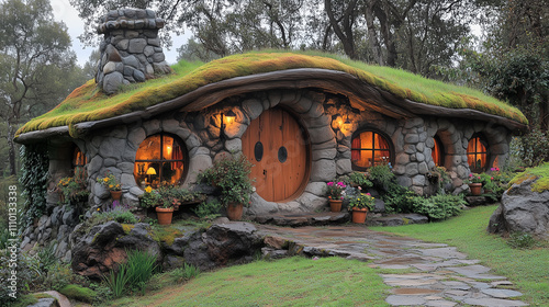 A small hobbit house made of stones photo