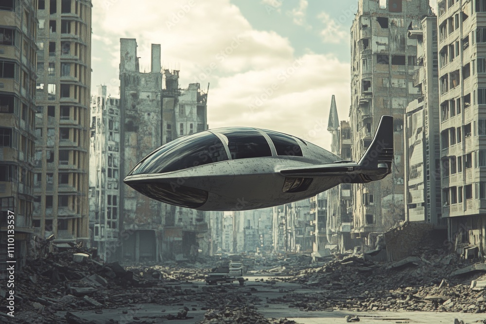 Futuristic flying car, hovering over destroyed city