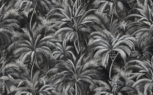 Vector Exotic tropical hawaiian summer. Palm beach tree leaves jungle botanical. Black and white engraved ink art. Seamless background pattern. Fabric wallpaper print texture.