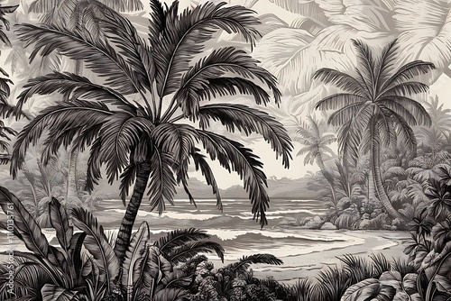 Vector Exotic tropical hawaiian summer. Palm beach tree leaves jungle botanical. Black and white engraved ink art. Seamless background pattern. Fabric wallpaper print texture.