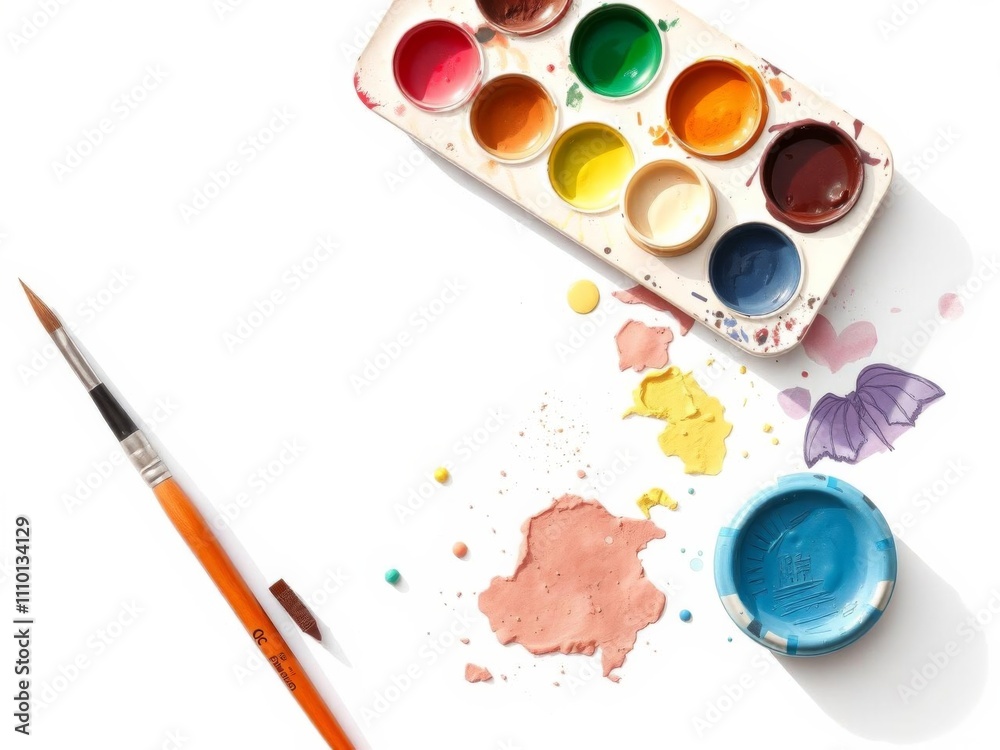 A watercolor illustration of various art supplies arranged neatly on a white background, with a warm, light, and airy feel, artistic, paints, illustration A watercolor illustration of various art supplies arranged neatly on a white background, with a warm, light, and airy feel, artistic, paints, illustration
