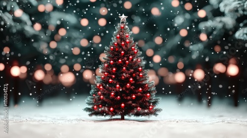 Majestic Christmas Tree Illuminated with Red Lights in a Snowy Forest Setting with Bokeh Background