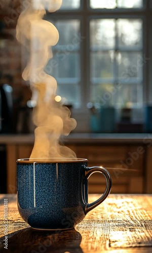A Serene Morning Scene Featuring a Steaming Blue Mug Capturing the Essence of Warmth and Comfort