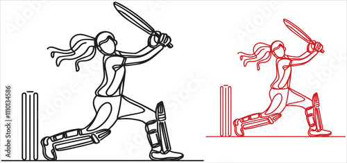 black line art woman posing cricket playing style vector